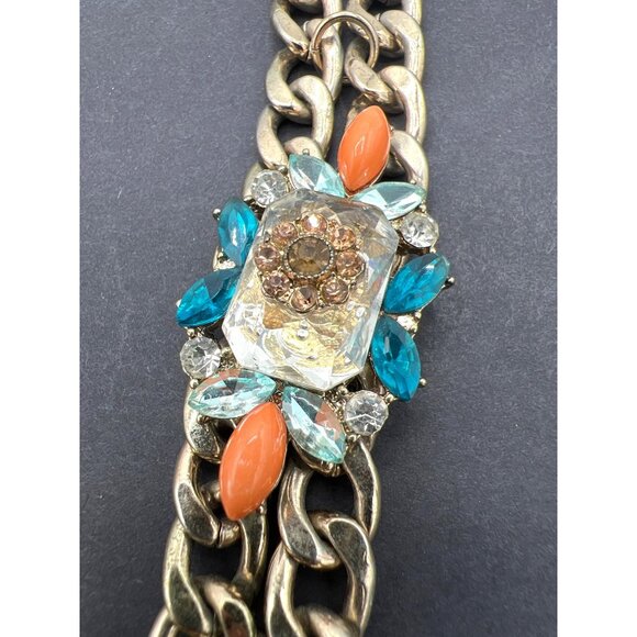 Double Chain Chunky Rhinestones Necklace Orange Teal Gold-Tone Unique Statement - Picture 3 of 12